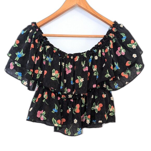 Zara | Black Floral & Berry Print Ruffle Crop Top | Size Small - Picture 10 of 15